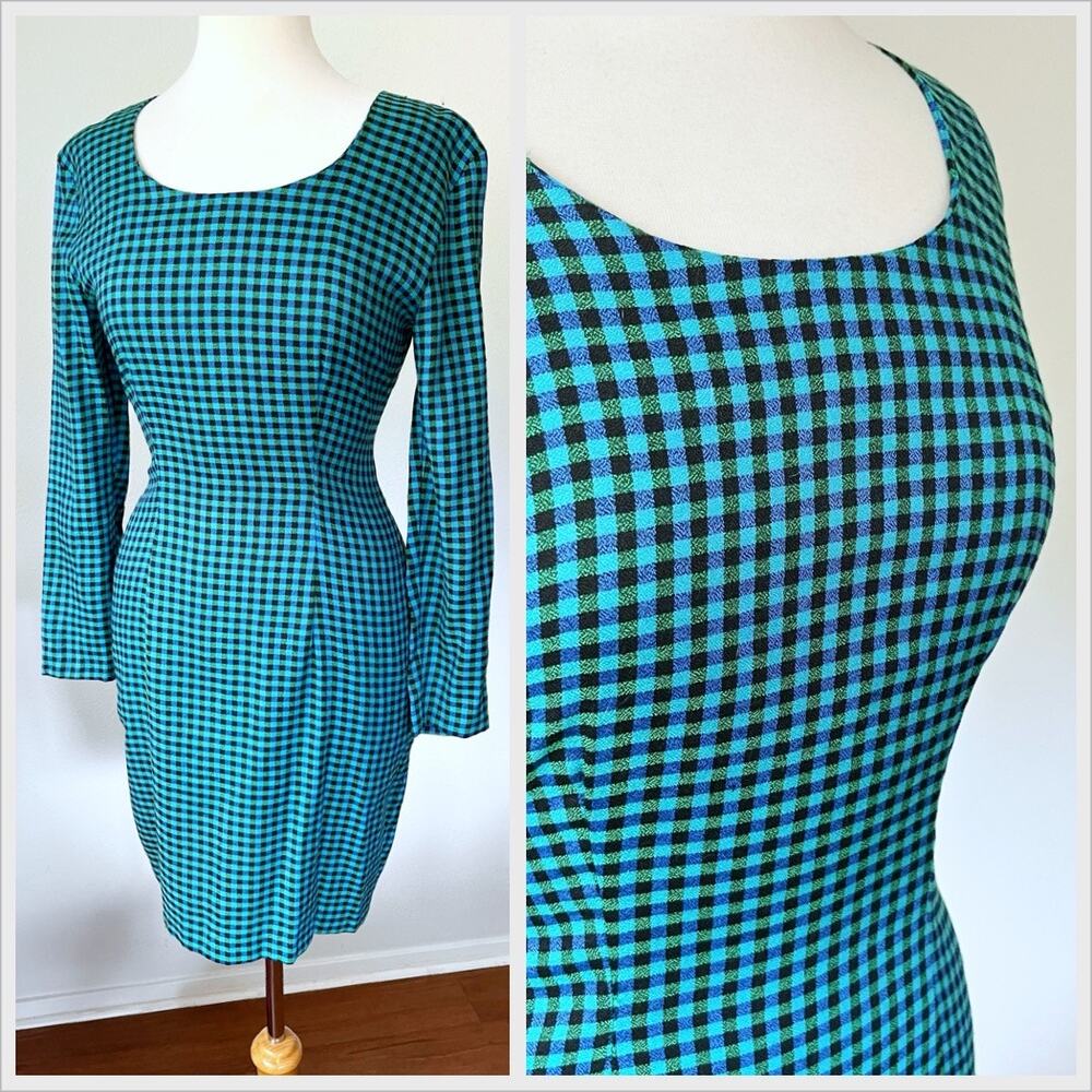 Vintage 90s Green Blue Gingham Mini Dress // Size Medium - Picture 1 of 5